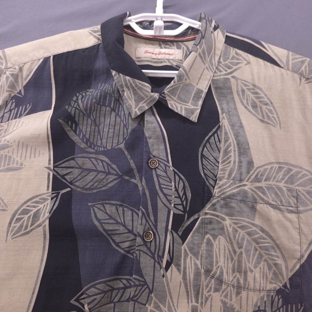 Tommy Bahama Men's XXL 2XL Black Khaki Leaves Hawaiian Silk Button Down Shirt